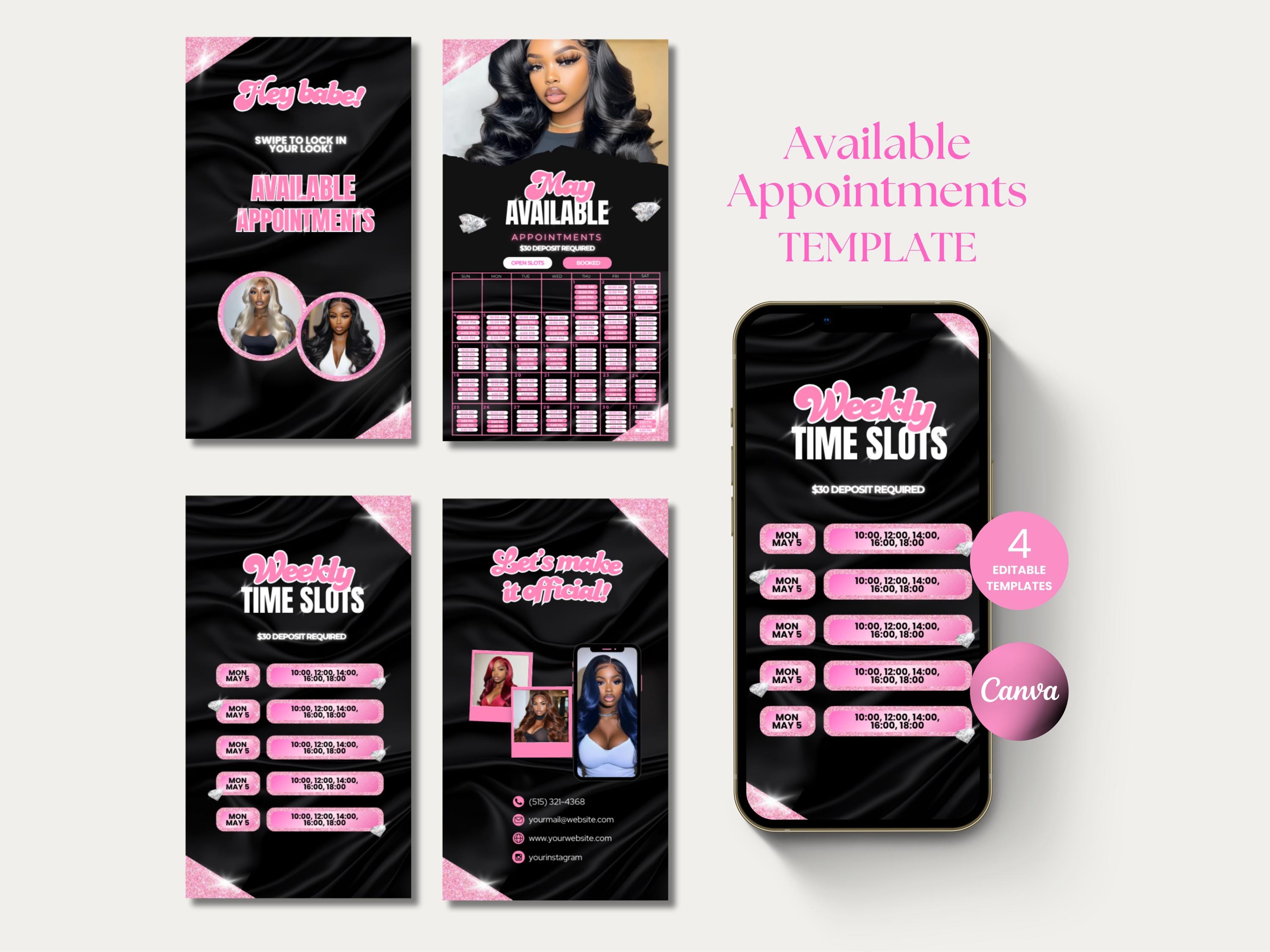 Available Appointments Template Weekly Calendar Instagram Story Beauty Appointments Calendar Instagram Schedule Monthly Availability Post