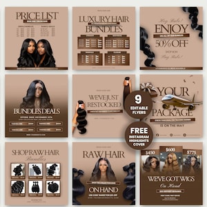 May include: A series of square promotional graphics for hair products, featuring images of hair bundles, wigs, and price lists. The colour scheme is primarily brown and beige, with text in white and brown. Some graphics include text like "Bundles Deals" and "Enjoy 50% Off".