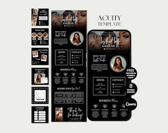 Sitio web de programación de Acuity para técnicos de pestañas. Plantilla de Acuity. Horario del sitio de pestañas. Canva Black Acuity. Pestañas editables. Reserva de pestañas.