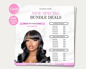 May include: Pink and white promotional graphic for hair bundles. The image features a woman with long, wavy black hair. Text includes "New Special Bundle Deals" and bundle length options. Instagram highlights cover is offered.