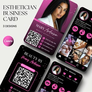 Puede incluir: Tres diseños de tarjetas de visita para una esteticista llamada Mary Anderson. Las tarjetas presentan un esquema de color rosa y negro con un código QR, información de contacto y el texto "SCAN TO GET PAMPERED".