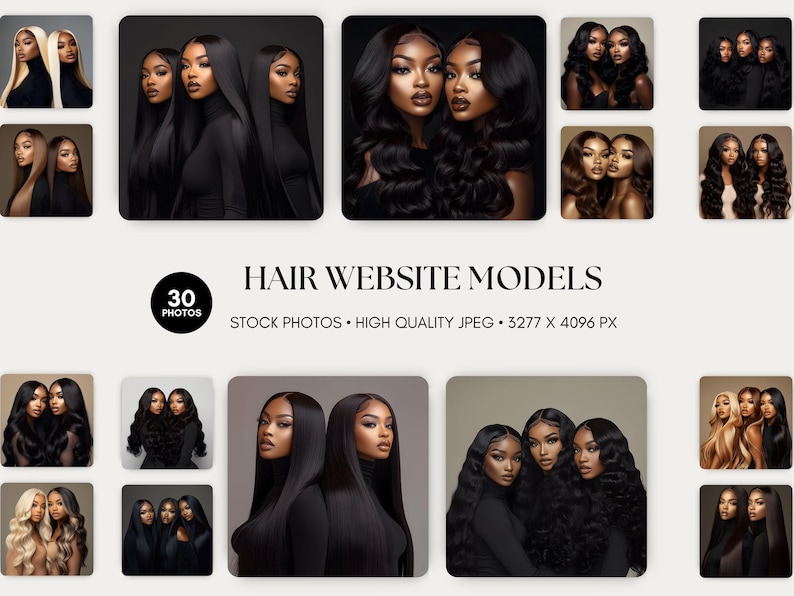 Op de afbeelding: Een collage van 30 stockfoto's met modellen met verschillende kapsels. De foto's zijn hoge kwaliteit JPEG's, met een resolutie van 3277 x 4096 pixels. De tekst "HAIR WEBSITE MODELS" wordt in vetgedrukte letters boven de foto's weergegeven.