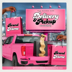 May include: A pink pickup truck with a billboard saying "Delivery & Pickup available!" and shopping bags with "Brand Name" text. The truck bed contains a black box with blonde hair extensions. City skyline in the background.