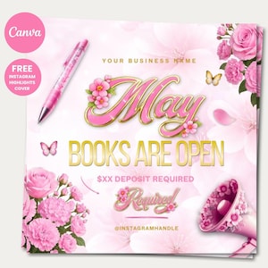 May include: A pink and gold graphic design with the text "May BOOKS ARE OPEN". The design includes pink flowers, butterflies, and a pen. The Canva logo and "FREE INSTAGRAM HIGHLIGHTS COVER" text are also present.