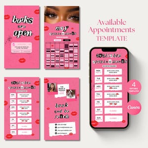 May include: Four pink and white social media templates for booking appointments. The templates feature lips, text that says "books are open", "may appointments", "available appointments", and "book and be fetch".