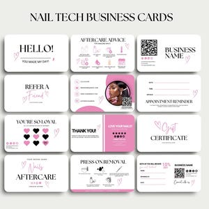 Może przedstawiać: Zestaw białych wizytówek dla technika paznokci, z różowymi akcentami i czcionkami w stylu ręcznym. Karty zawierają frazy takie jak "Cześć!", "Poleć znajomemu" i "Certyfikat upominkowy". Obecne są również kody QR i dane kontaktowe.