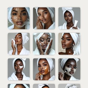 May include: A collage of 12 images showcasing skincare routines. The images feature a person with dark skin applying various skincare products, including face masks, serums, and cleansers. The person is wearing a white towel wrapped around their head and a white robe.