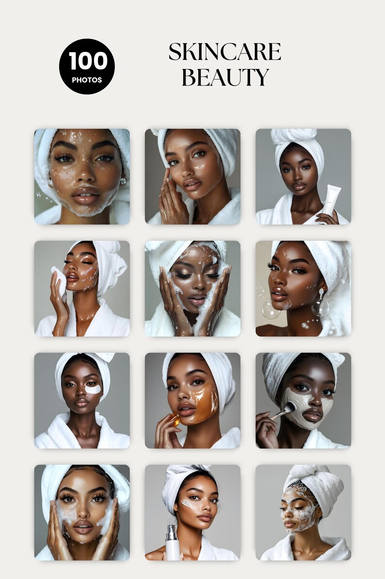 May include: A collage of 12 images showcasing skincare routines. The images feature a person with dark skin applying various skincare products, including face masks, serums, and cleansers. The person is wearing a white towel wrapped around their head and a white robe.