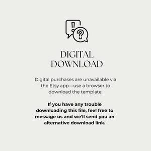 Puede incluir: Imagen con el texto "DESCARGA DIGITAL" e instrucciones para descargar una plantilla. Indica que las compras digitales no est&aacute;n disponibles a trav&eacute;s de la aplicaci&oacute;n de Etsy y proporciona un mensaje para obtener ayuda con un enlace de descarga alternativo.