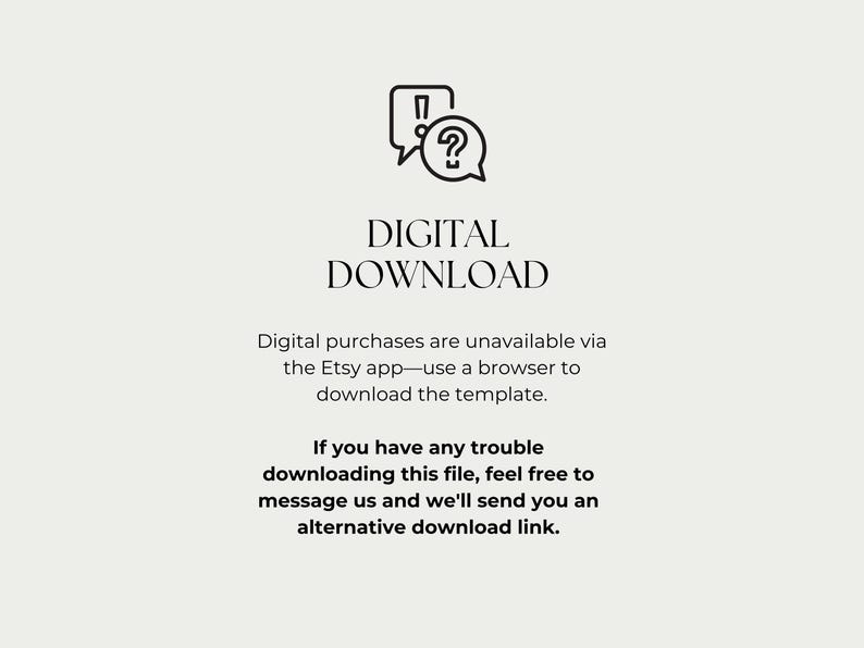 Puede incluir: Imagen con el texto "DESCARGA DIGITAL" e instrucciones para descargar una plantilla. Indica que las compras digitales no est&aacute;n disponibles a trav&eacute;s de la aplicaci&oacute;n de Etsy y proporciona un mensaje para obtener ayuda con un enlace de descarga alternativo.