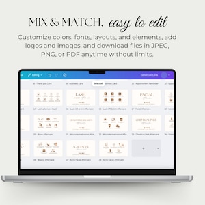 May include: A laptop displays a design interface with the text "MIX & MATCH, easy to edit." The screen shows various card templates, including "LASH" and "FACIAL" designs. The interface allows customization of colors, fonts, and layouts.