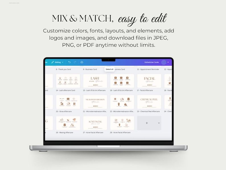 May include: A laptop displays a design interface with the text "MIX & MATCH, easy to edit." The screen shows various card templates, including "LASH" and "FACIAL" designs. The interface allows customization of colors, fonts, and layouts.