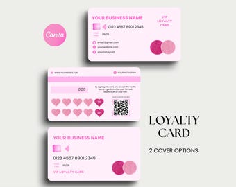 May include: Pink and white loyalty card template with a pink heart design. The card has a space for your business name, phone number, website, and social media handles. It also includes a QR code and a section for tracking customer visits.
