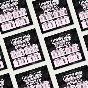Puede incluir: Varios folletos en blanco y negro con el texto "LUXURY HAIR BUNDLES" en blanco y rosa. Los folletos muestran opciones de paquetes de cabello, incluyendo estilos lisos, ondulados, de cierre y frontales. La marca est&aacute; en la parte superior.