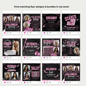 May include: A series of black and pink Halloween-themed social media flyers. Each flyer displays images of a woman, with text including "Halloween Specials," "Giveaway," and "October Bookings." The flyers are designed for promotional purposes.