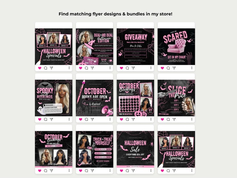 May include: A series of black and pink Halloween-themed social media flyers. Each flyer displays images of a woman, with text including "Halloween Specials," "Giveaway," and "October Bookings." The flyers are designed for promotional purposes.