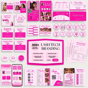 May include: A collection of pink lash tech branding templates, including printable cards, business signs, and social media content. The design features a modern aesthetic with various layouts for booking, payment, and aftercare information. The text includes "300+ Editable Templates" and "Lash Tech Branding".
