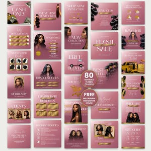 May include: A collection of pink social media templates for a hair extension business. The templates feature images of hair bundles, models, and text such as "Cash Only", "Flash Sale", and "Bundles Deals". The templates also include Instagram highlight covers.