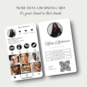 May include: A white business card with black text and a QR code. The card features a woman's headshot, the text "Mary Anderson Esthetician", a phone number, email address, website address, and the text "Scan me for a fresh glow".