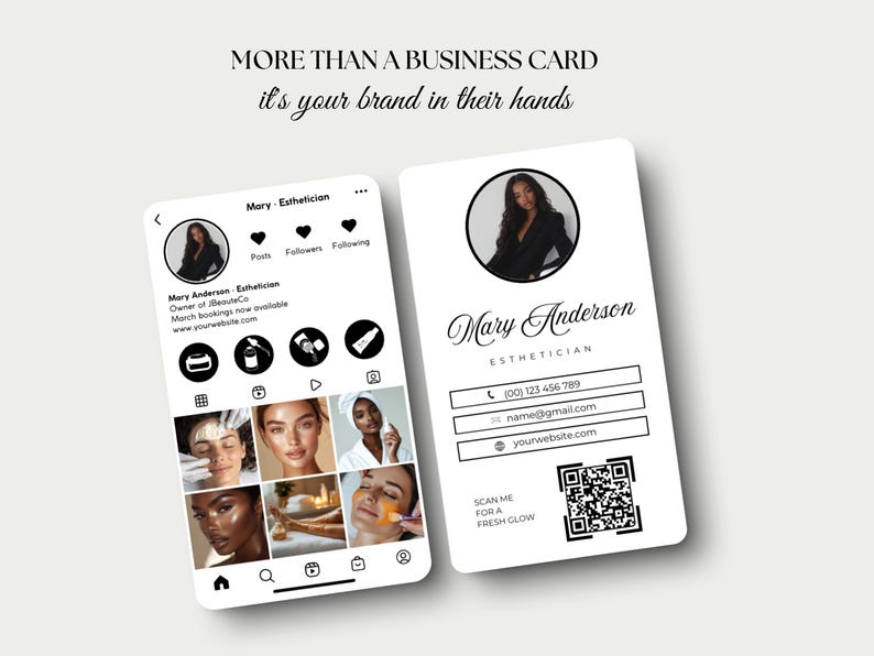 May include: A white business card with black text and a QR code. The card features a woman's headshot, the text "Mary Anderson Esthetician", a phone number, email address, website address, and the text "Scan me for a fresh glow".