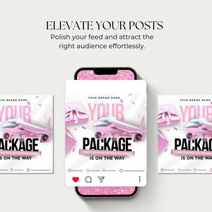 May include: A digital marketing graphic with a pink airplane, gift boxes, and the text "YOUR PACKAGE IS ON THE WAY." The image is displayed on a smartphone, with social media icons.