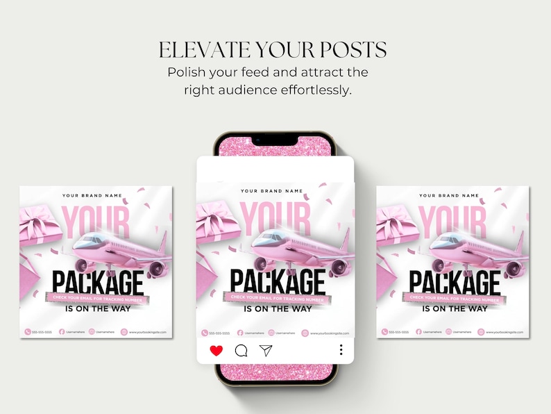 May include: A digital marketing graphic with a pink airplane, gift boxes, and the text "YOUR PACKAGE IS ON THE WAY." The image is displayed on a smartphone, with social media icons.