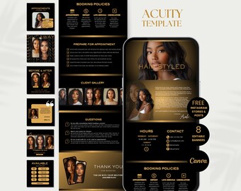 Puede incluir: Una plantilla de sitio web de programación de Acuity en negro y dorado para un estilista. La plantilla incluye secciones para políticas de reserva, preparación para una cita, una galería de clientes, preguntas, horarios, información de contacto y un mensaje de agradecimiento. La plantilla también incluye historias y publicaciones de Instagram gratuitas, y 8 banners editables. La plantilla está diseñada para ser utilizada con Canva.