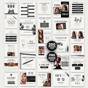 Może przedstawiać: Kolekcja 200 czarno-białych szablonów postów na Instagram dla stylistek rzęs. Projekty zawierają typografię, grafiki związane z rzęsami, ikony oraz miejsca na zdjęcia przedstawiające efekty pracy, zasady rezerwacji i cenniki.