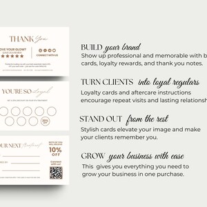 May include: Business card set with a minimalist design in shades of brown and white. Includes thank you cards, loyalty cards, and referral cards. The cards feature text and a QR code.
