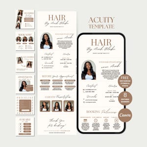 Puede incluir: Una plantilla de marketing digital para un estilista de cabello, con una maqueta de teléfono con el texto "HAIR By Aiah Blake". La plantilla incluye diseños de historias y publicaciones de Instagram, políticas de reserva y banners editables.