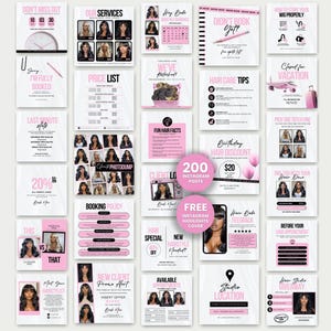 Op de afbeelding: Een verzameling van 200 social media sjablonen voor haarstylisten met een roze en wit kleurenschema. De set bevat diverse lay-outs voor prijslijsten, boekingsbeleid, haarverzorgingstips, klantfeedback en diverse promotionele aankondigingen.