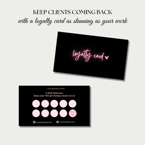 Puede incluir: Dos tarjetas de fidelidad negras con texto y acentos rosas. Una tarjeta dice "loyalty card" en cursiva. La otra tarjeta tiene c&iacute;rculos rosas y el texto "Enjoy your 10th girl therapy session on us!" con informaci&oacute;n de contacto.