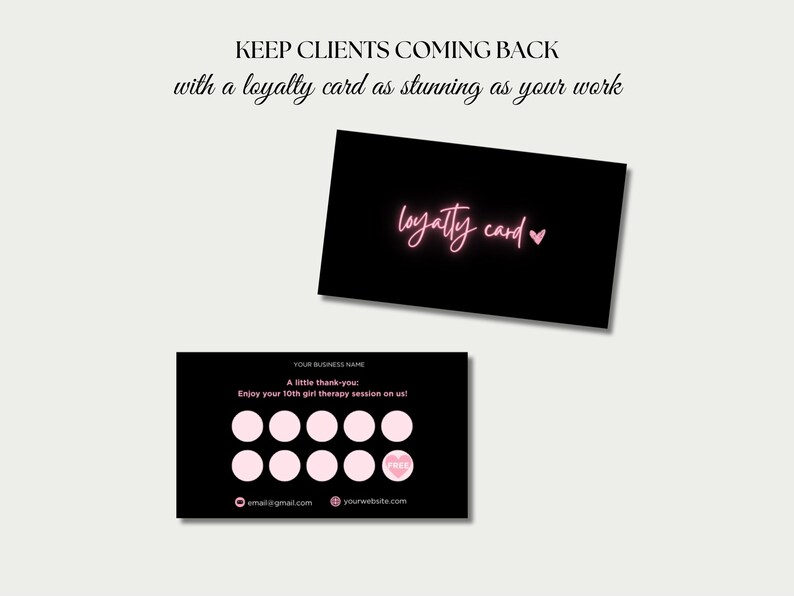 Puede incluir: Dos tarjetas de fidelidad negras con texto y acentos rosas. Una tarjeta dice "loyalty card" en cursiva. La otra tarjeta tiene c&iacute;rculos rosas y el texto "Enjoy your 10th girl therapy session on us!" con informaci&oacute;n de contacto.