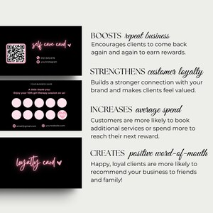 Puede incluir: Tarjetas negras de autocuidado y fidelizaci&oacute;n con texto rosa y un c&oacute;digo QR. Las tarjetas promueven la repetici&oacute;n de negocios, la fidelidad del cliente, el aumento del gasto y el boca a boca positivo. Las tarjetas incluyen informaci&oacute;n de contacto.