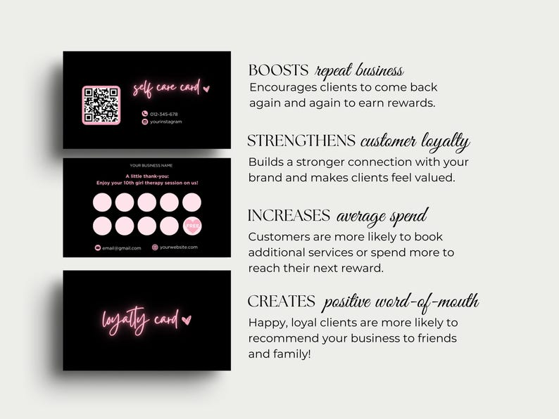 Puede incluir: Tarjetas negras de autocuidado y fidelizaci&oacute;n con texto rosa y un c&oacute;digo QR. Las tarjetas promueven la repetici&oacute;n de negocios, la fidelidad del cliente, el aumento del gasto y el boca a boca positivo. Las tarjetas incluyen informaci&oacute;n de contacto.