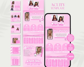 May include: Pink and white template for scheduling appointments with a hair stylist. The template includes a photo of a woman with long, straight hair, the text "Hair By Aiah Blake", and the words "Your Hairstylist". The template also includes sections for business hours, contact information, and location. The template is designed to be used with the Acuity scheduling platform.