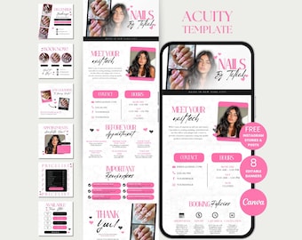 Puede incluir: Una plantilla de marketing digital para técnicos de uñas, con un diseño rosa y blanco. La plantilla incluye historias de Instagram, publicaciones y banners editables. El texto incluye "NAILS By Tafiah" y "Acuity Template".