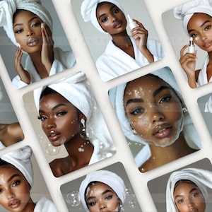 May include: A collage of nine images featuring women with white towels wrapped around their heads, showcasing different stages of a skincare routine. Some images show women applying skincare products, while others show women with a foamy cleanser on their faces.