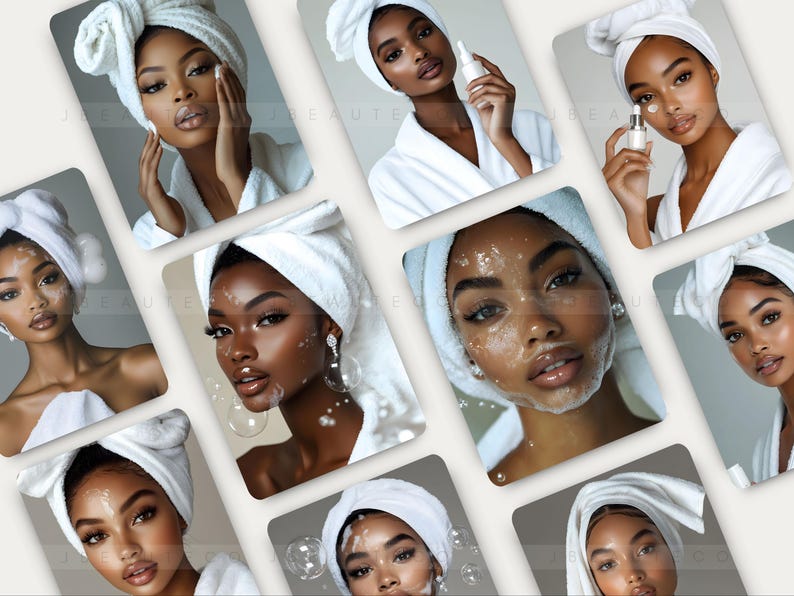 May include: A collage of nine images featuring women with white towels wrapped around their heads, showcasing different stages of a skincare routine. Some images show women applying skincare products, while others show women with a foamy cleanser on their faces.