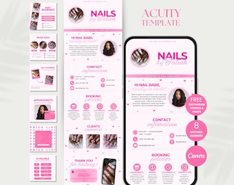 May include: Pink and white digital template for a nail salon, featuring the text "NAILS by Saliah" and "Hi Nail Babe, ready to book?" Includes booking information, price lists, and social media handles. Offers free Instagram stories and posts.