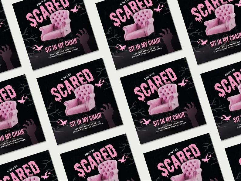 May include: A repeating pattern of square Halloween cards. Each card displays a pink tufted chair, the words "DON'T BE SCARED," and "SIT IN MY CHAIR" in pink on a black background. Silhouettes of hands, bats, and branches complete the design.