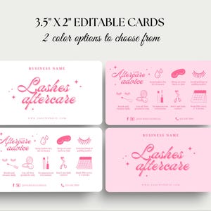 Puede incluir: Cuatro tarjetas de visita, cada una de 8,9 x 5,1 cm, con un dise&ntilde;o rosa y blanco. Las tarjetas presentan el texto "Lashes aftercare" en una fuente de escritura, junto con iconos de consejos de cuidado posterior. Las tarjetas son para negocios de cuidado de pesta&ntilde;as.