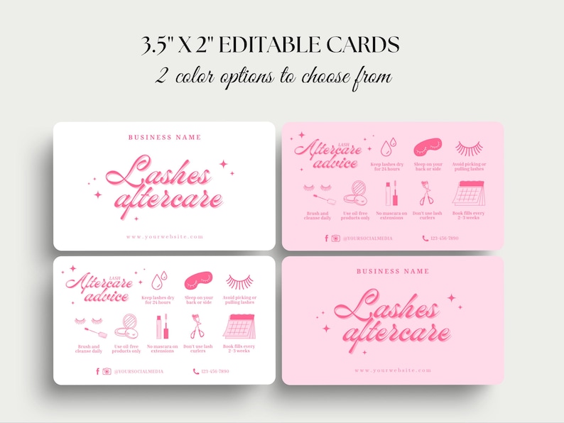 Puede incluir: Cuatro tarjetas de visita, cada una de 8,9 x 5,1 cm, con un dise&ntilde;o rosa y blanco. Las tarjetas presentan el texto "Lashes aftercare" en una fuente de escritura, junto con iconos de consejos de cuidado posterior. Las tarjetas son para negocios de cuidado de pesta&ntilde;as.