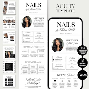 May include: A black and white digital template for a nail salon, featuring the text "NAILS by Taliah West" and a photo of a woman. Includes booking information, social media links, and a price list.