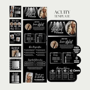 May include: A digital marketing template set for Acuity featuring a black and white colour scheme with text including Styled by Aiah Blake, Meet Your Hair Stylist, Business Hours, Contact Details, Hair Preparation, Important Reminders, and Booking Policies.