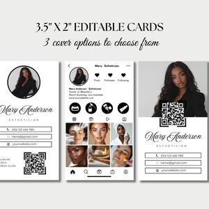 May include: Three different design options for an editable business card for an esthetician, measuring 3.5 by 2 inches. The cards feature a black and white design with a QR code, contact information, and a headshot of the esthetician. The text on the card reads "Mary Anderson, Esthetician".