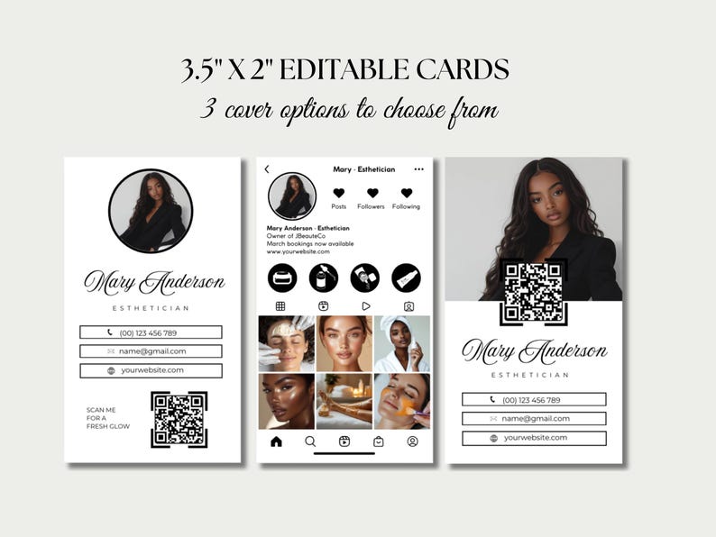 May include: Three different design options for an editable business card for an esthetician, measuring 3.5 by 2 inches. The cards feature a black and white design with a QR code, contact information, and a headshot of the esthetician. The text on the card reads "Mary Anderson, Esthetician".