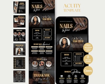 Puede incluir: Plantilla de marketing digital para un salón de uñas, con un diseño en negro y dorado. El diseño incluye una maqueta de teléfono con el nombre del salón, horarios, información de contacto y políticas de reserva. También se incluyen banners y publicaciones de Instagram adicionales.