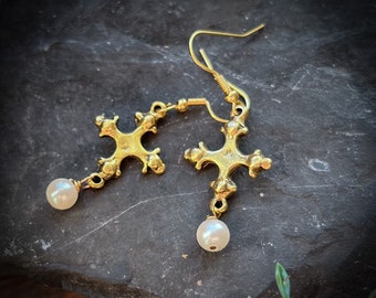 Antique Cross Earrings, Medieval Earrings, Old Gold Cross, Gold cross and pearl, renaissance cloak, renaissance ballgown