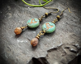 Bird Earrings, Rustic Earrings, swallow earrings, courful bird earrings, turquoise and brown earrings, bohemian bird earring, bird jewelry,